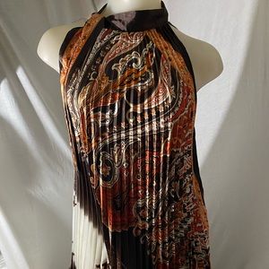 Ladies pleated pullovertieat neckflare satin dress